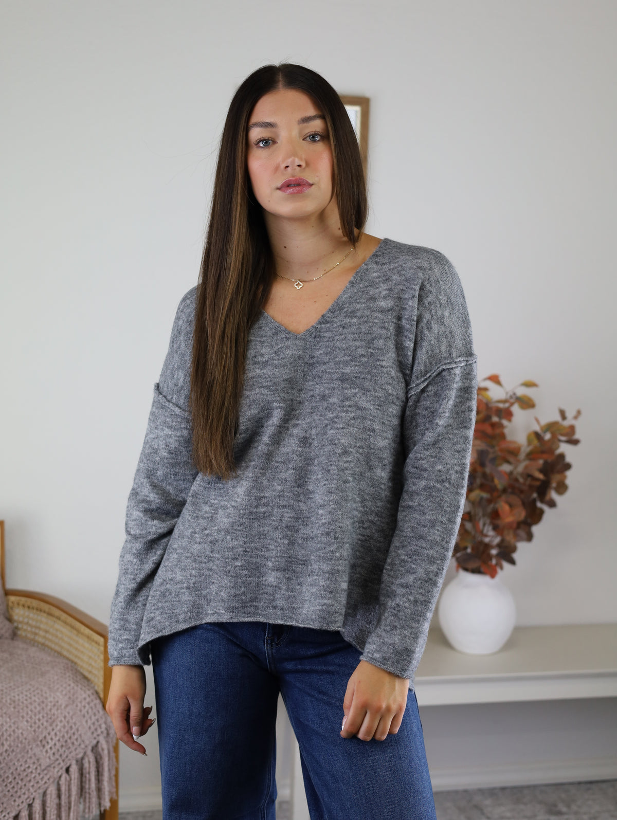 Ashley Soft V Neck Sweater-Charcoal