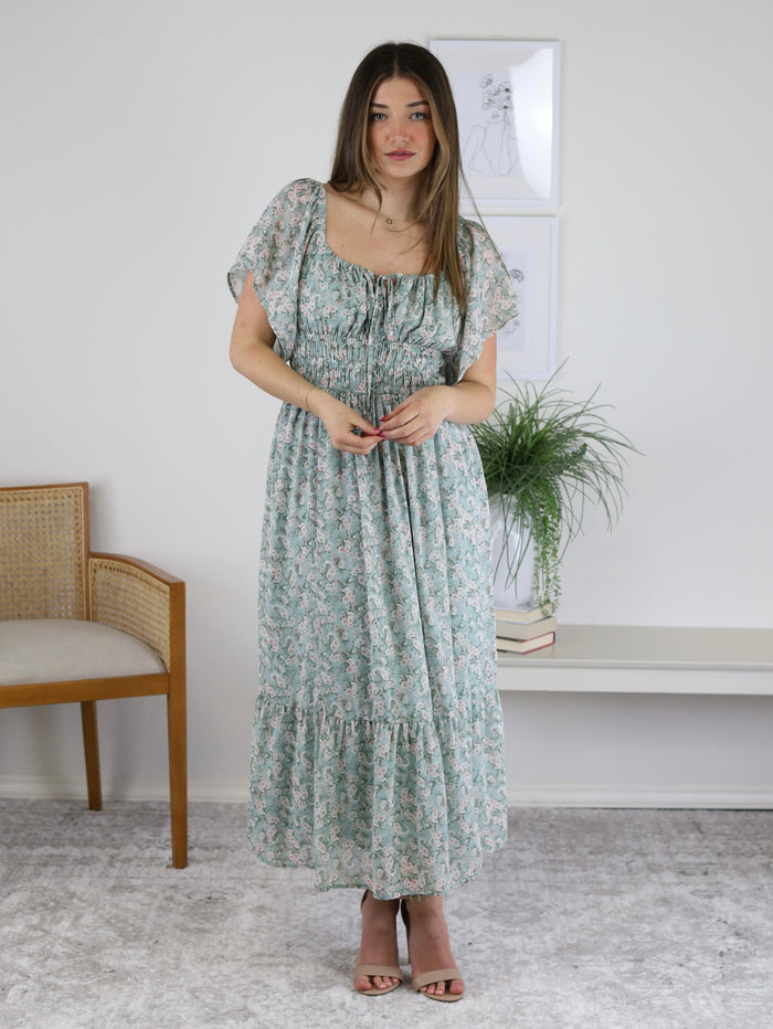 Sloan Floral Chiffon Flutter Sleeve Midi Dress