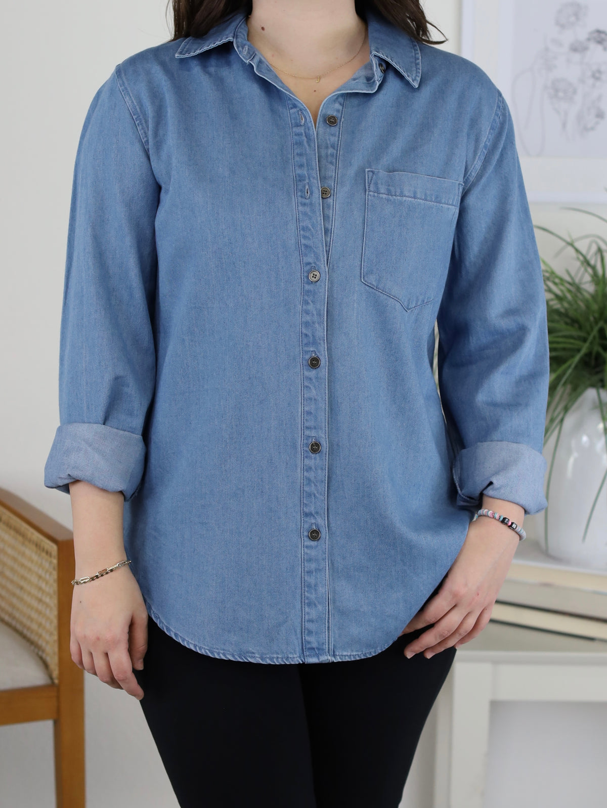 Tori Classic Denim Tencel Button Down Top - Sale