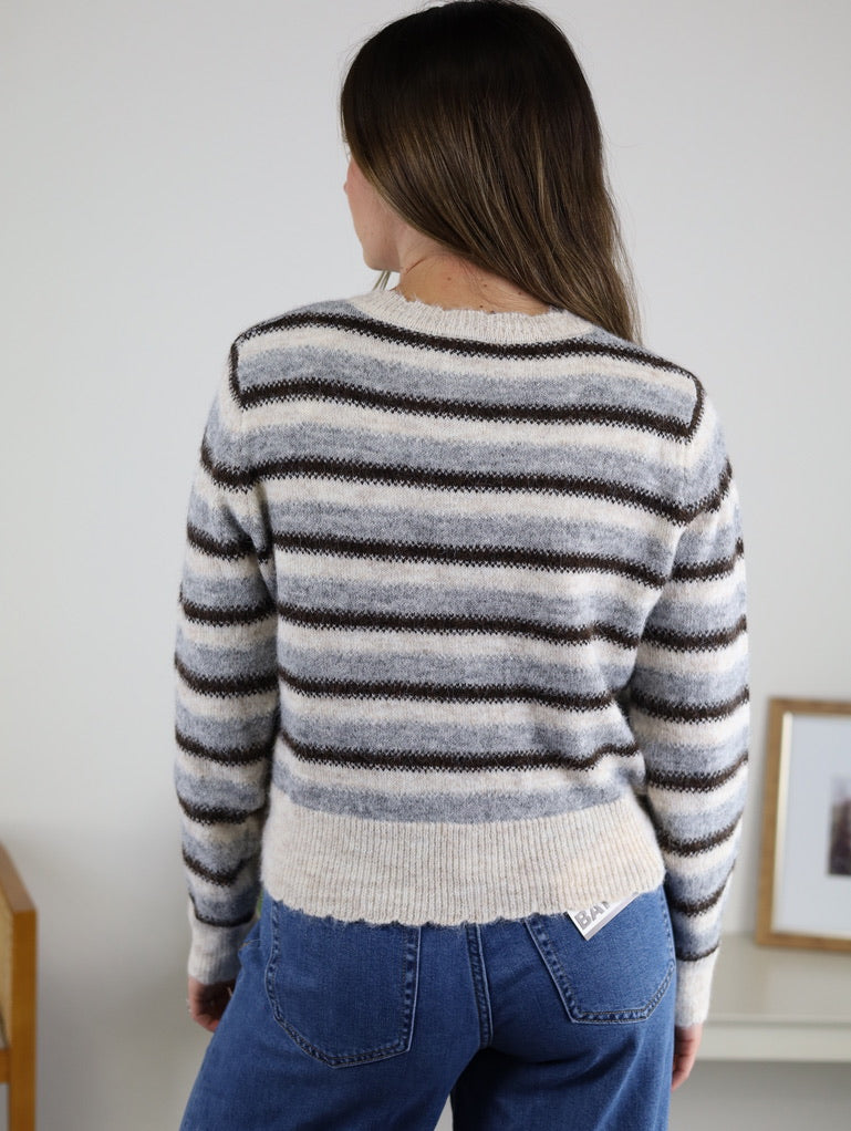 A person wearing the Lark Lace Trim Striped Knit Cardigan with Candy Buttons, a cropped, grey, white, and brown striped knit sweater with a lace-trimmed hem.