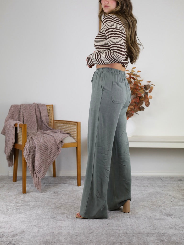 Stevie Linen Blend Wide Leg Pant - Spruce