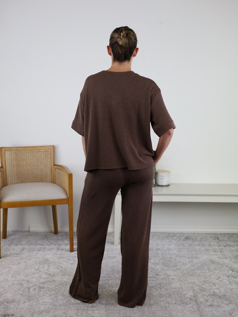 Francis Ribbed Lounge Set, top and pants laid flat