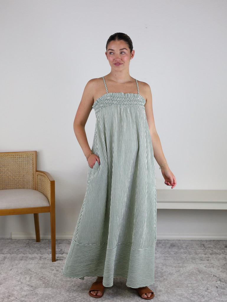 Endsley Embroidered Smocked Striped Maxi Dress