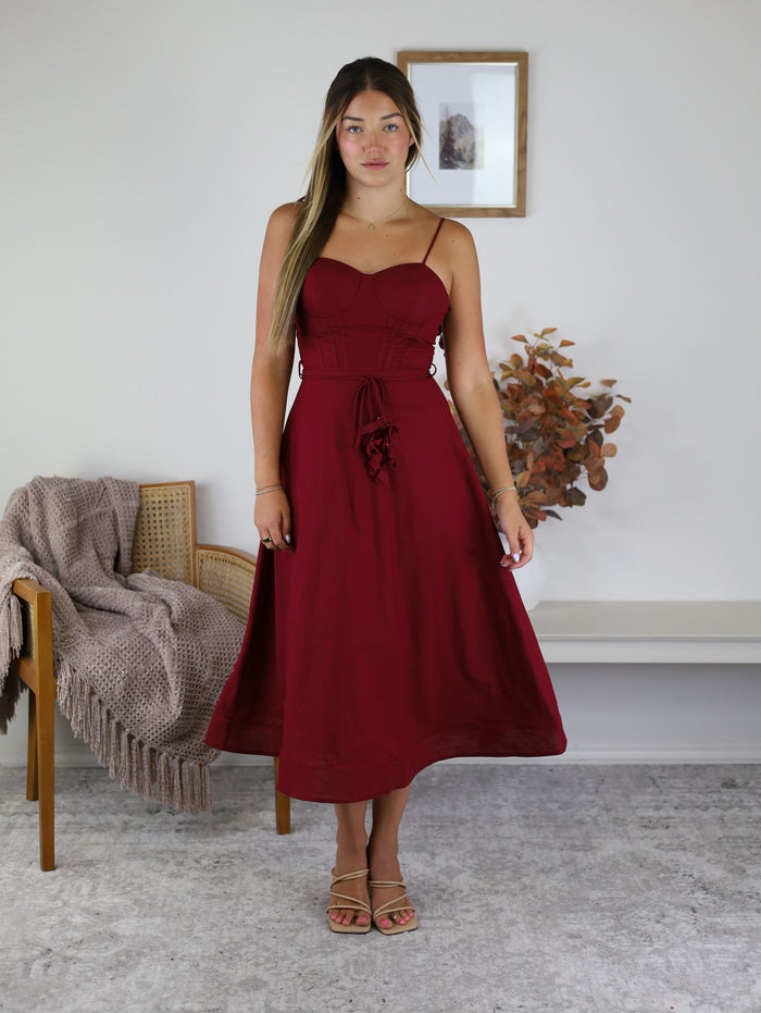 Luxe Bustier Shoulder Tie Midi Dress