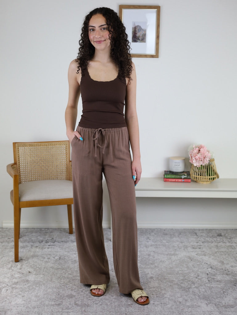 Helen Linen Blend Wide Leg Pant - Cocoa