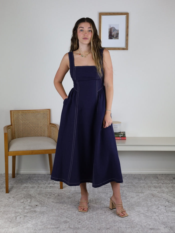 Bethany Linen Contrast Stitch Midi Dress