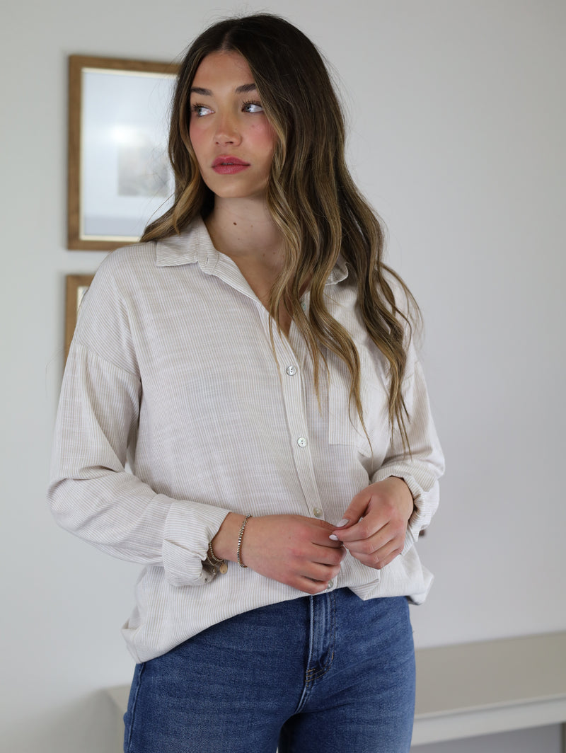 Harvey Stripe Button Up - Taupe