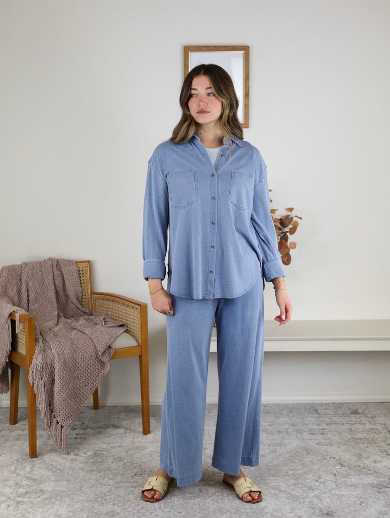 Reese Jersey Denim Button Up