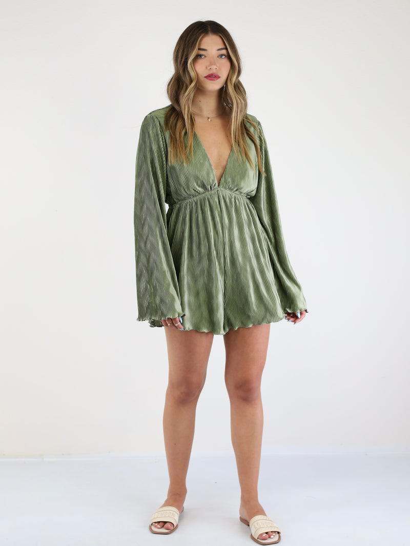 Olivia Bell Sleeve Crinkle Romper - Olive
