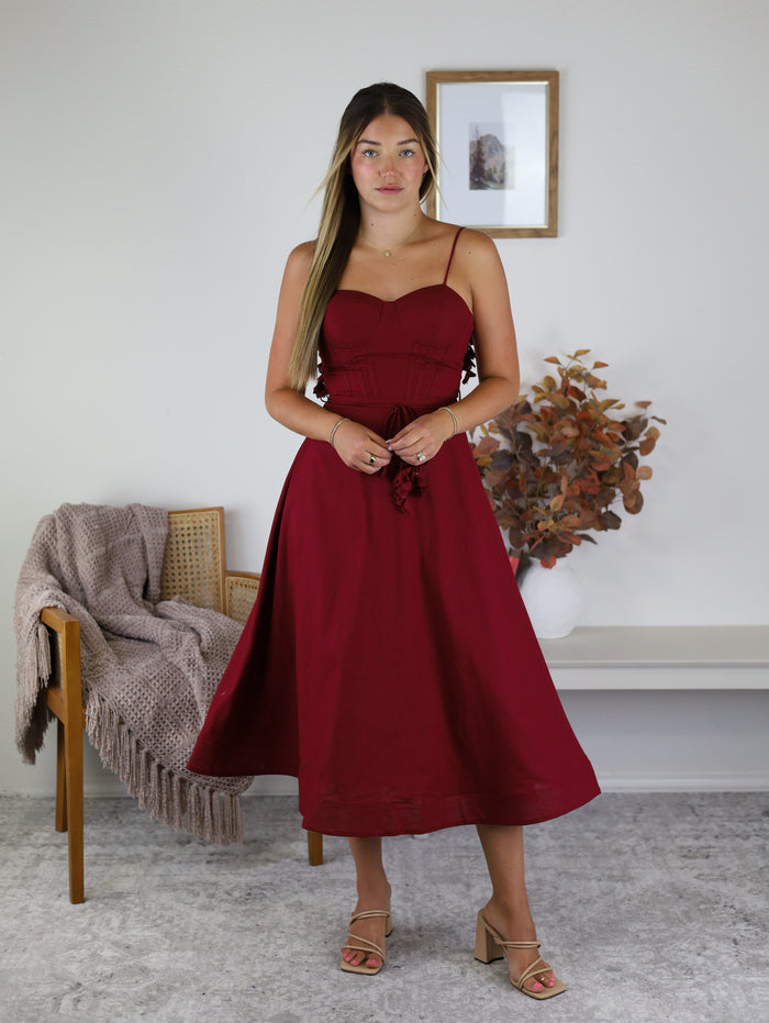 Luxe Bustier Shoulder Tie Midi Dress