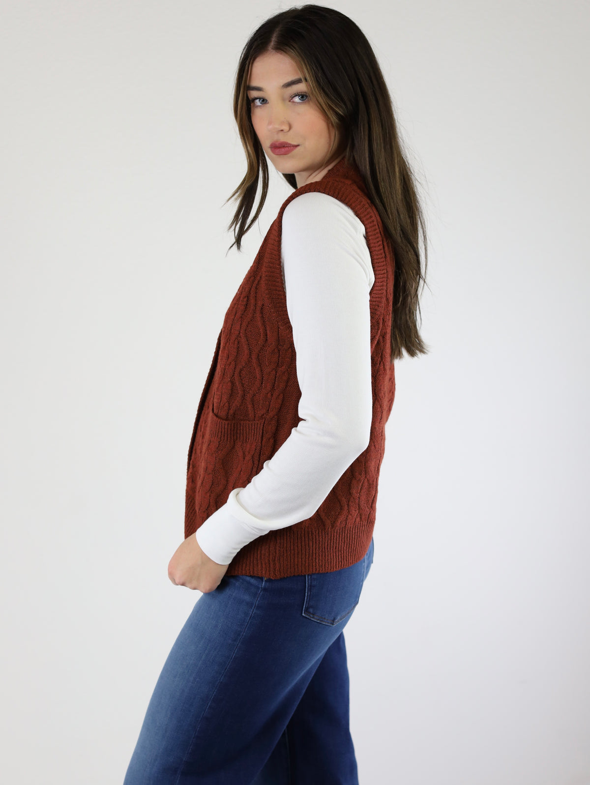 Ronnie Cable Knit Oversized Vest with Pockets-Rust