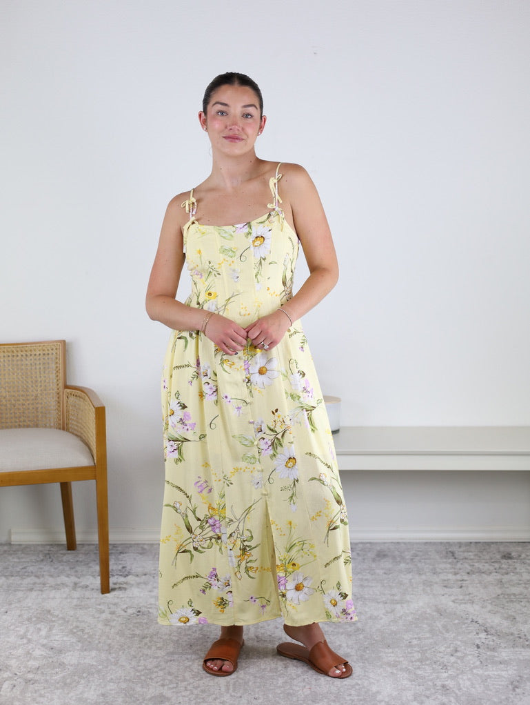 Polly Floral Spaghetti Strap with Bow Detail Midi Dress