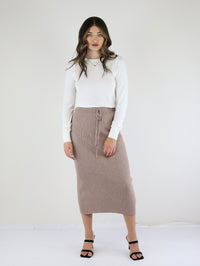 Faith Drawstring Waist Ribbed Knit Sweater Skirt-Latte