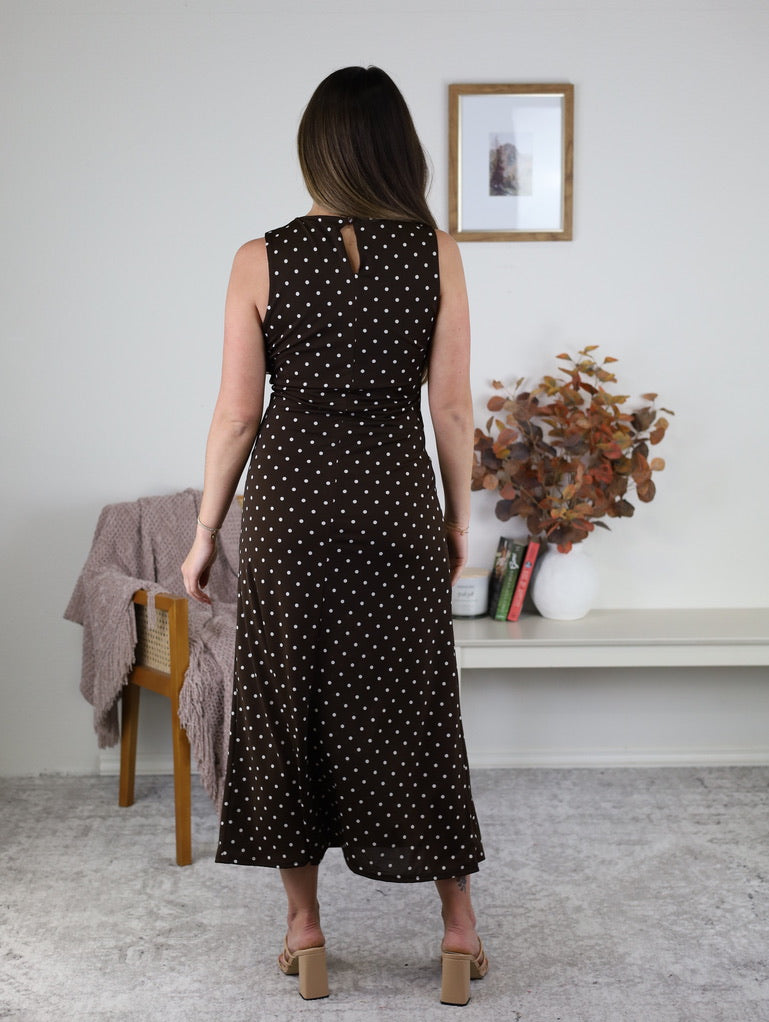Asher Side Gather Polka Dot Midi Dress