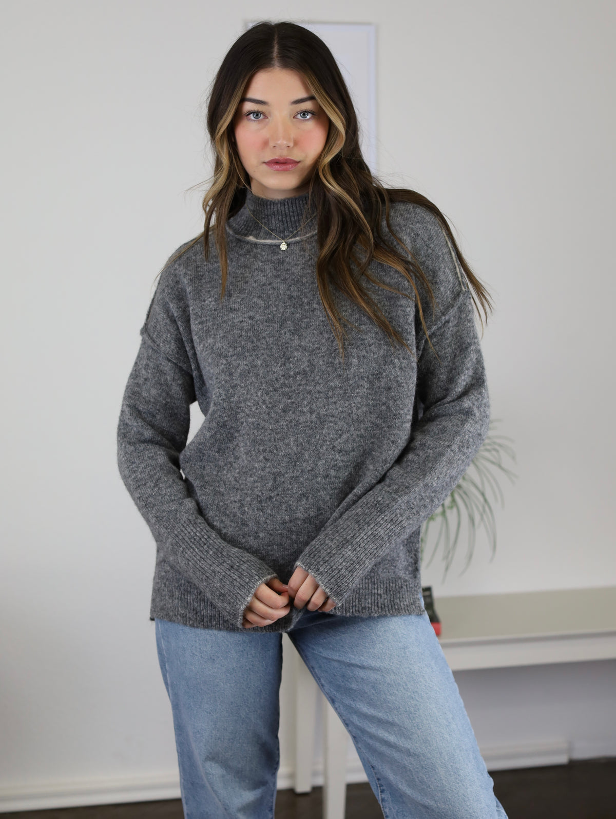Ella Mock Neck Sweater- Charcoal