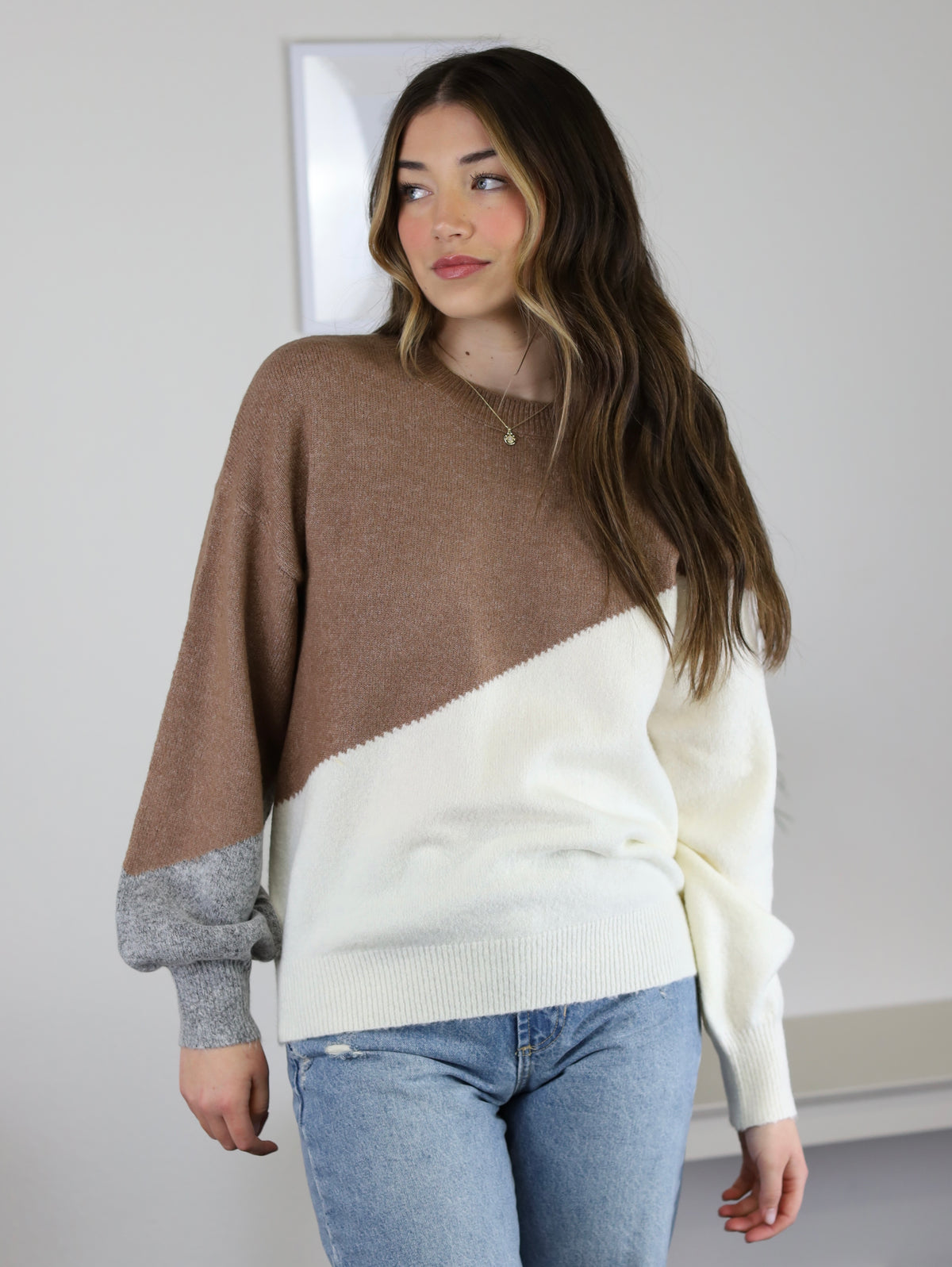 Maeve Asymmetrical Colorblock Sweater - Khaki