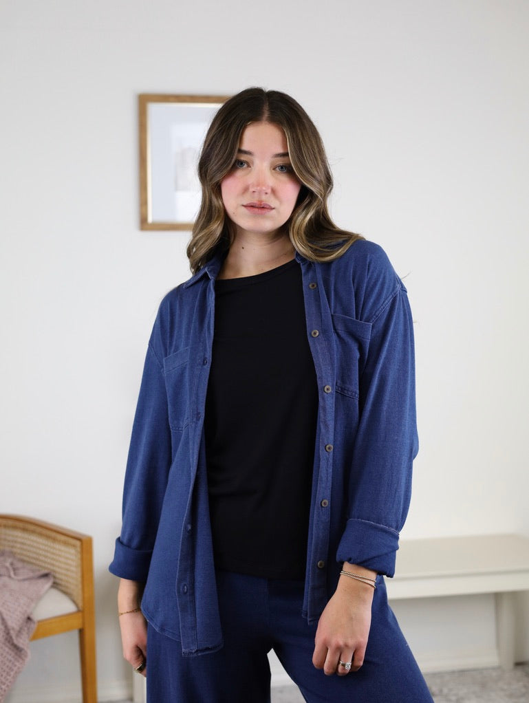 Reese Jersey Denim Button Up