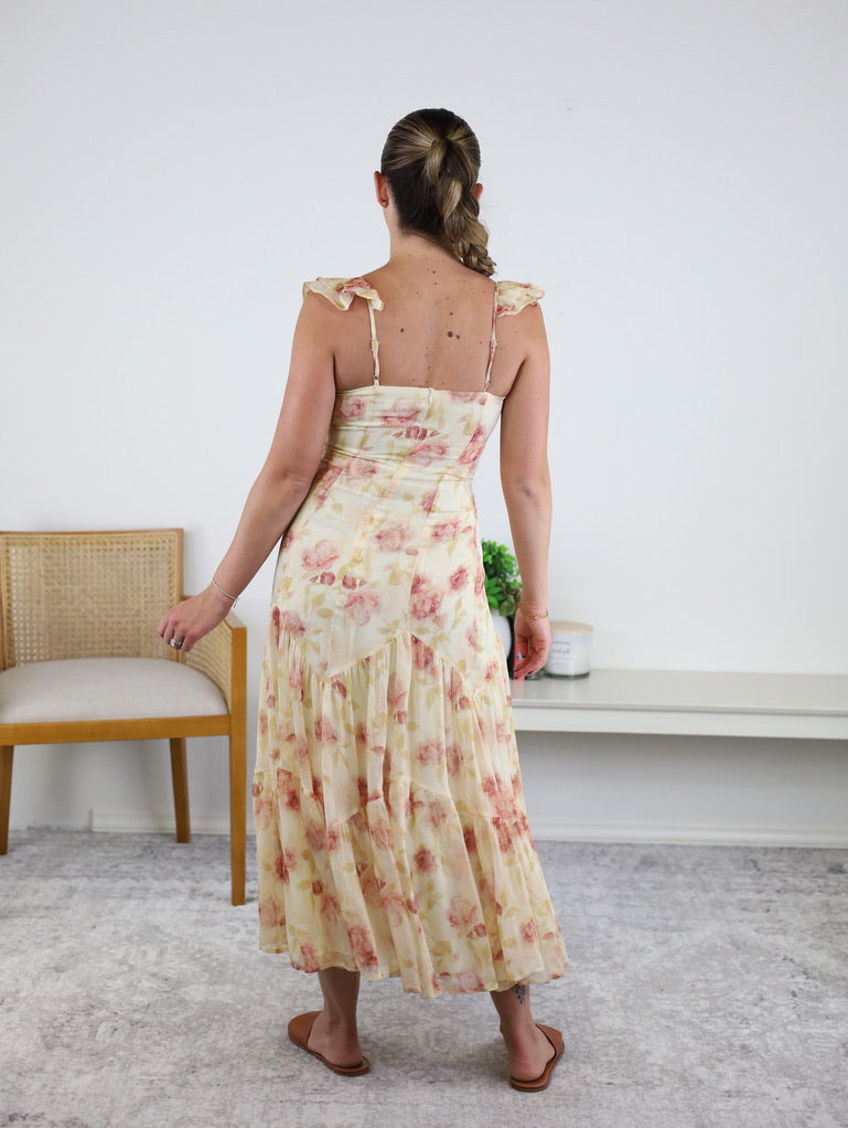 Raven Ruffle Strap Tiered Midi Dress