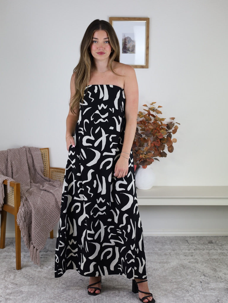 Modern Possibilities Strapless Drape Back Maxi Dress