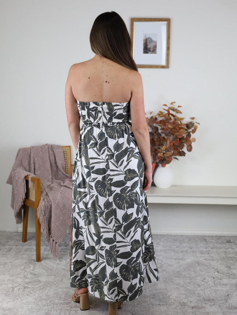 Leaf Print Strapless Maxi Dress