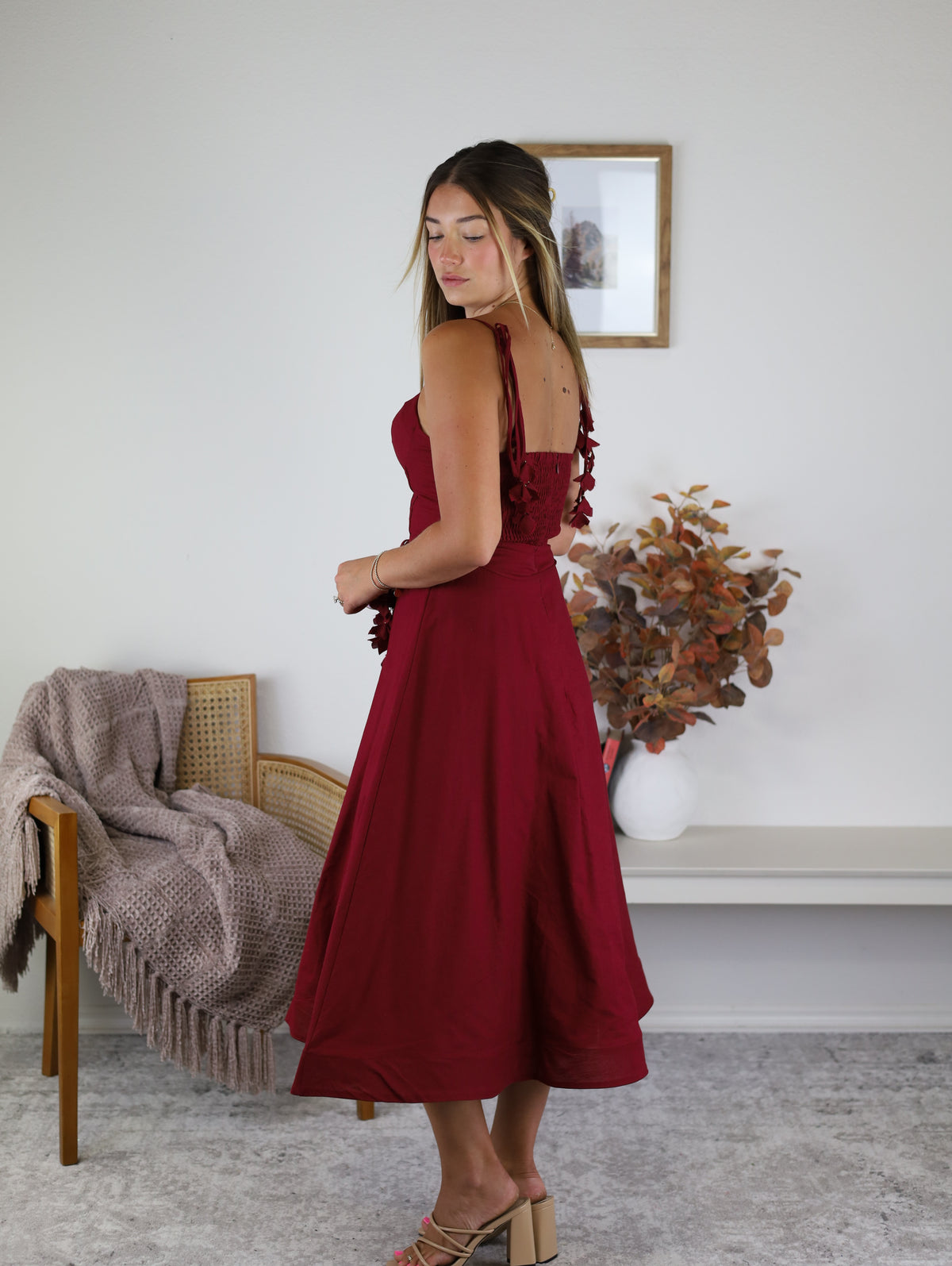 Luxe Bustier Shoulder Tie Midi Dress - Final Sale M / Wine Luxe Bustier Shoulder Tie Midi Dress - Final Sale M / Wine
