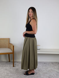 Marty Smocked Waist Midi Skirt - Moss