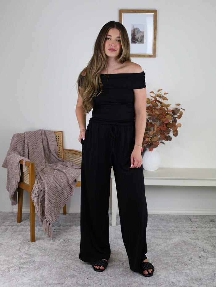 Roxanne Off Shoulder Pants Set with Ruched Top