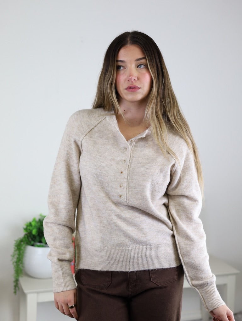 A woman with long, straight hair wears the Theo Sweater and brown pants indoors near a white table with a potted green plant, gazing off to the side with a neutral expression.