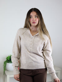 A woman with long, straight hair wears the Theo Sweater and brown pants indoors near a white table with a potted green plant, gazing off to the side with a neutral expression.