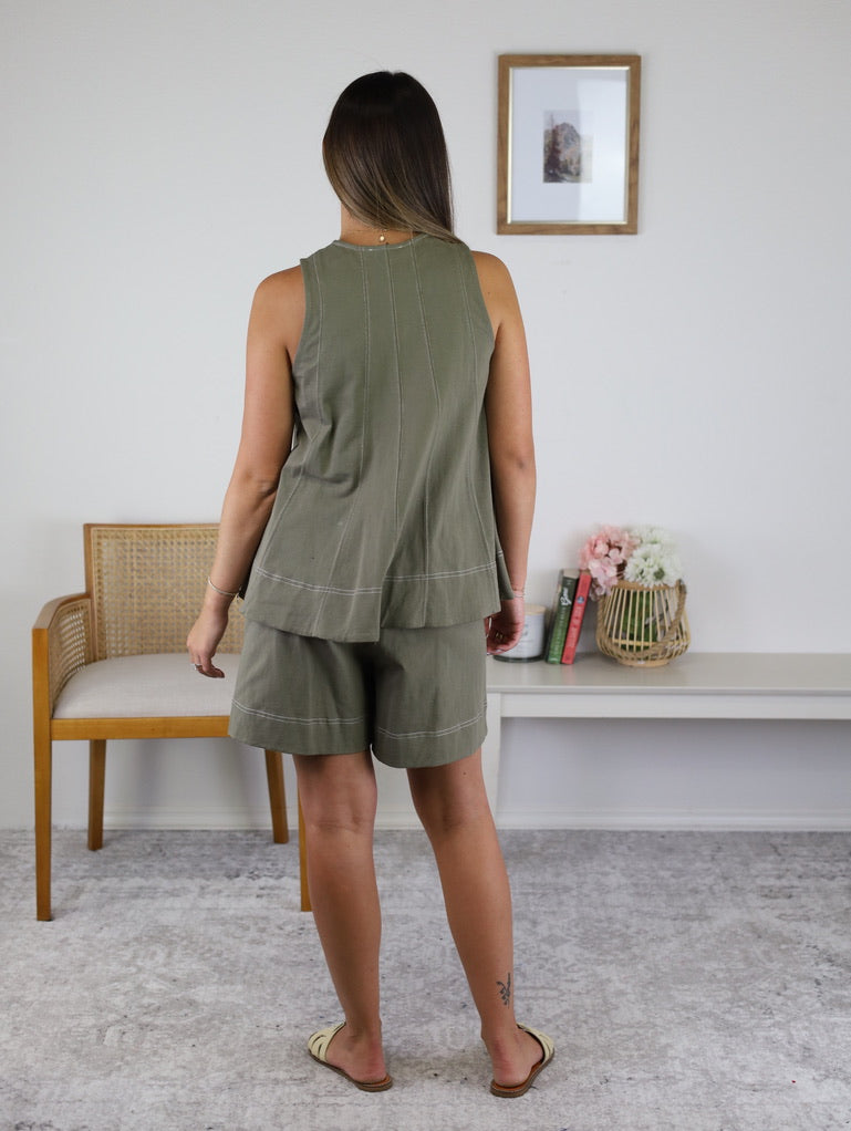 Kitty Contrast Stitching Top - Olive