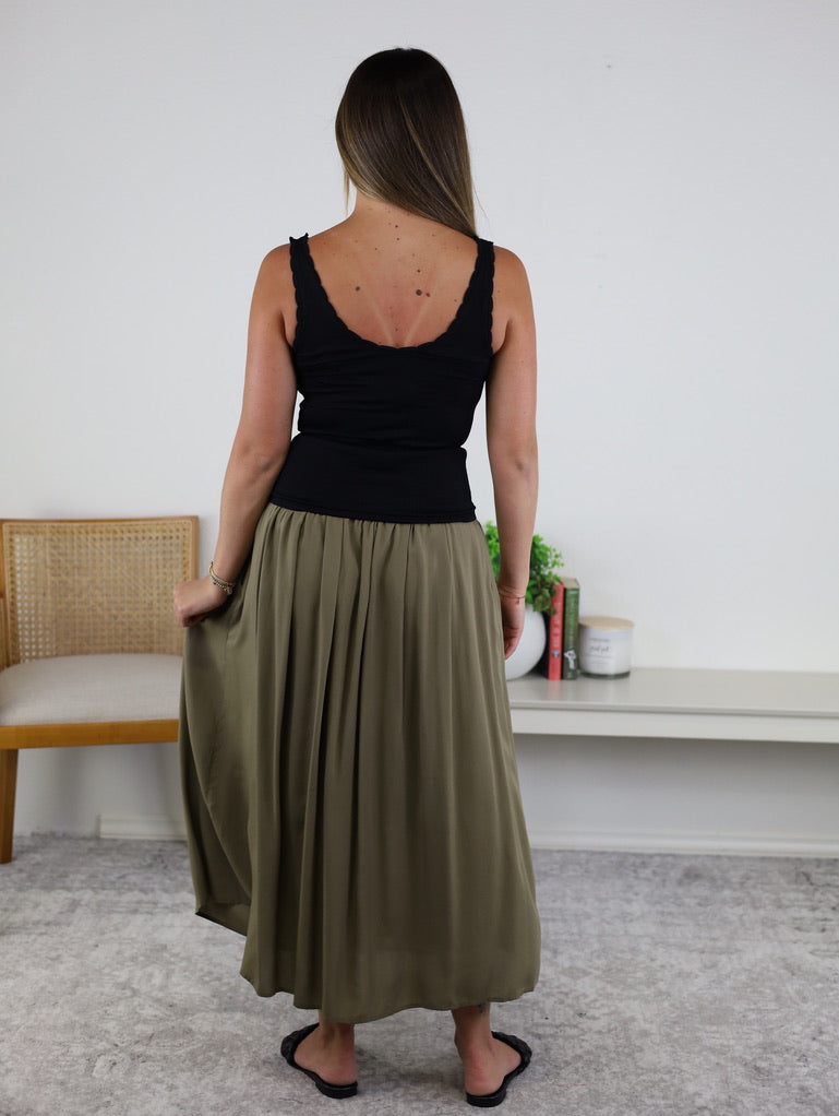 Marty Smocked Waist Midi Skirt - Moss