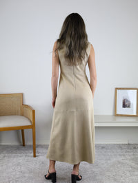 Back view of the tan suede Cole Suede A-Line Maxi Dress, a sleeveless, A-line silhouette perfect for fall.