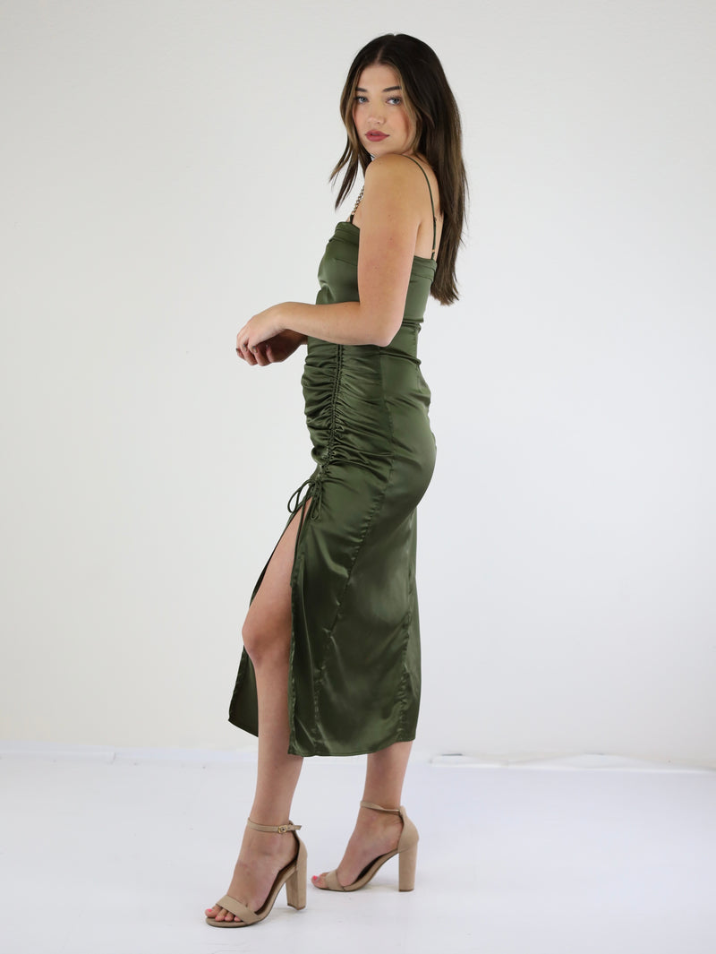 Mimi Midi Stain Dress with Chain Adjustable Straps-Olive