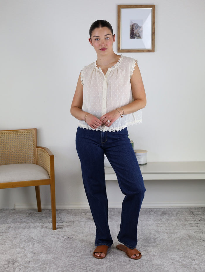 Greta Lace Edge Sleeveless Swiss Dot Top