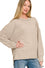 Lane Exposed Seam Top in heather mocha ribbed knit, close-up of exposed seam shoulder detail