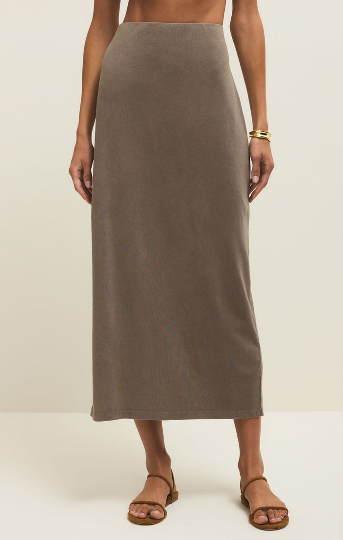 Woman wearing the Gail Midi Skirt in taupe cotton jersey, front view