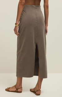 Taupe Gail Midi Skirt, high-rise elastic waist, side view