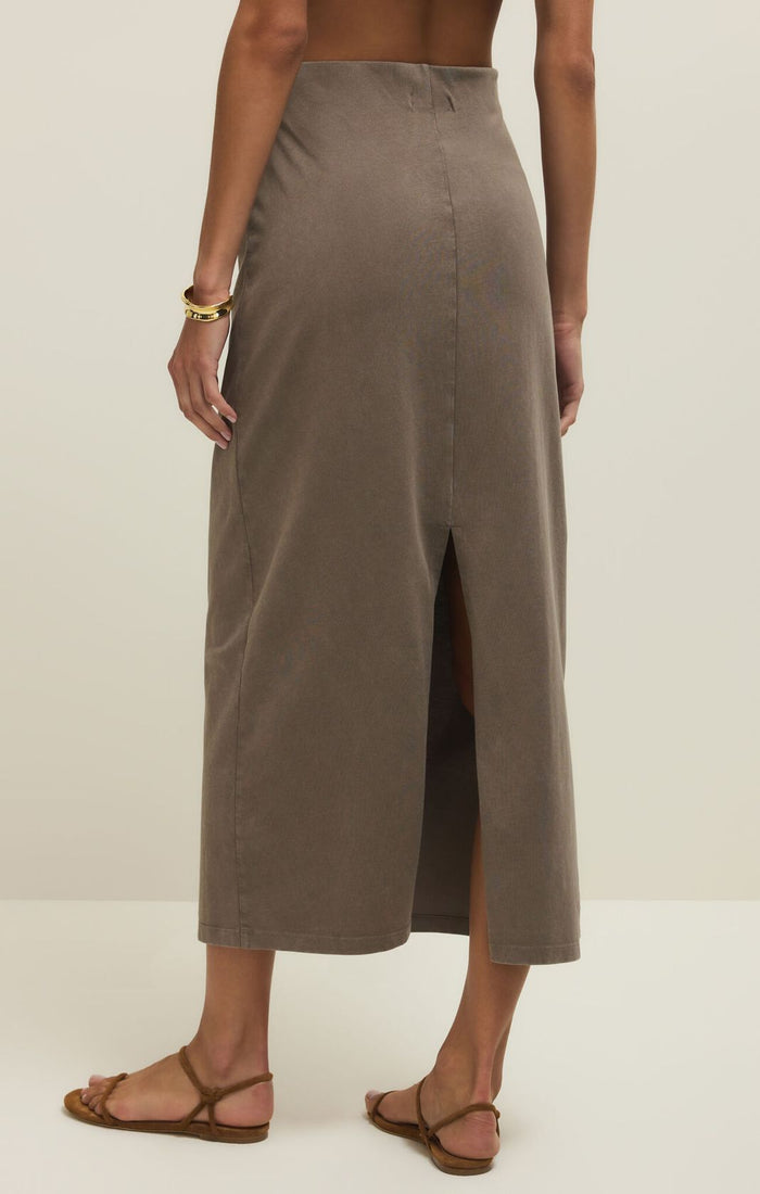 Taupe Gail Midi Skirt, high-rise elastic waist, side view