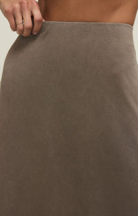 Close-up of taupe cotton jersey fabric on the ankle-length Gail Midi Skirt