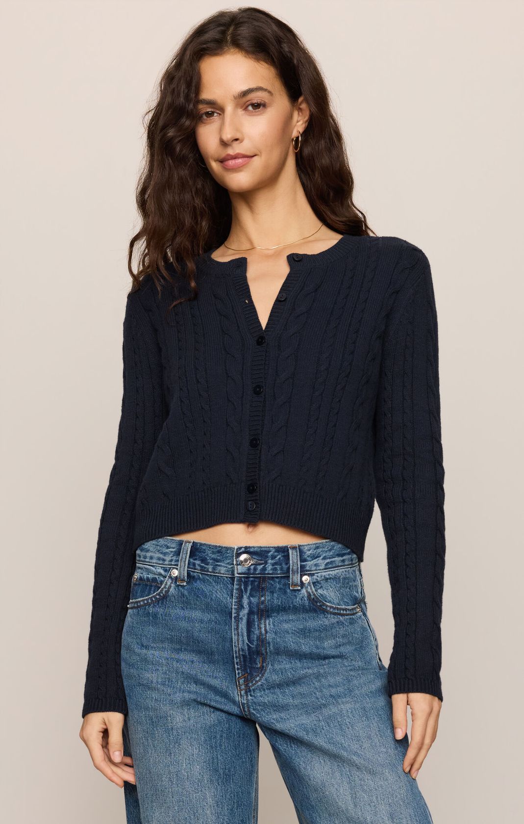 Cera Long Sleeve Cardigan in eclipse cable knit, front view