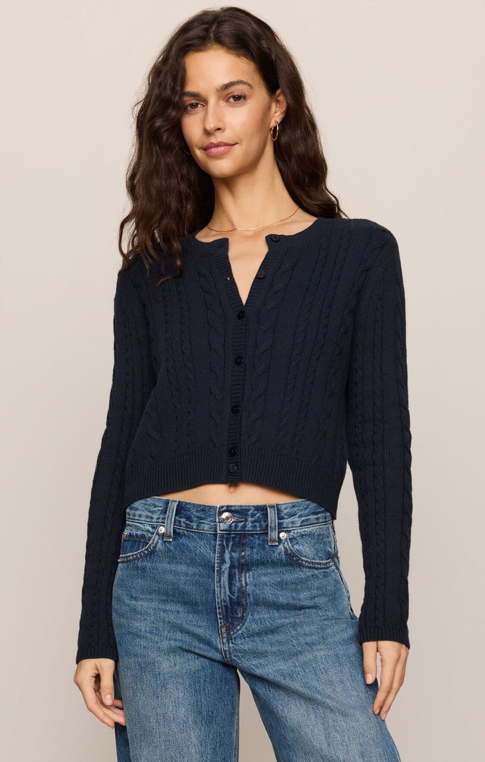 Cera Long Sleeve Cardigan in eclipse cable knit, front view