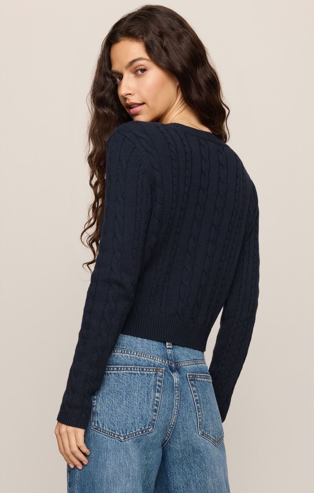 Cera Long Sleeve Cardigan crew neck and button-front detail close-up