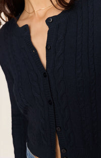 Cera Long Sleeve Cardigan cable knit texture, styled view