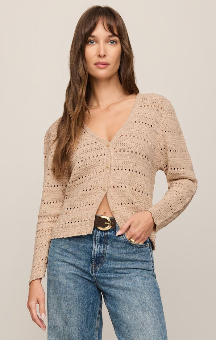 Aven Crochet Cardigan in soft ecru cotton crochet knit, front view
