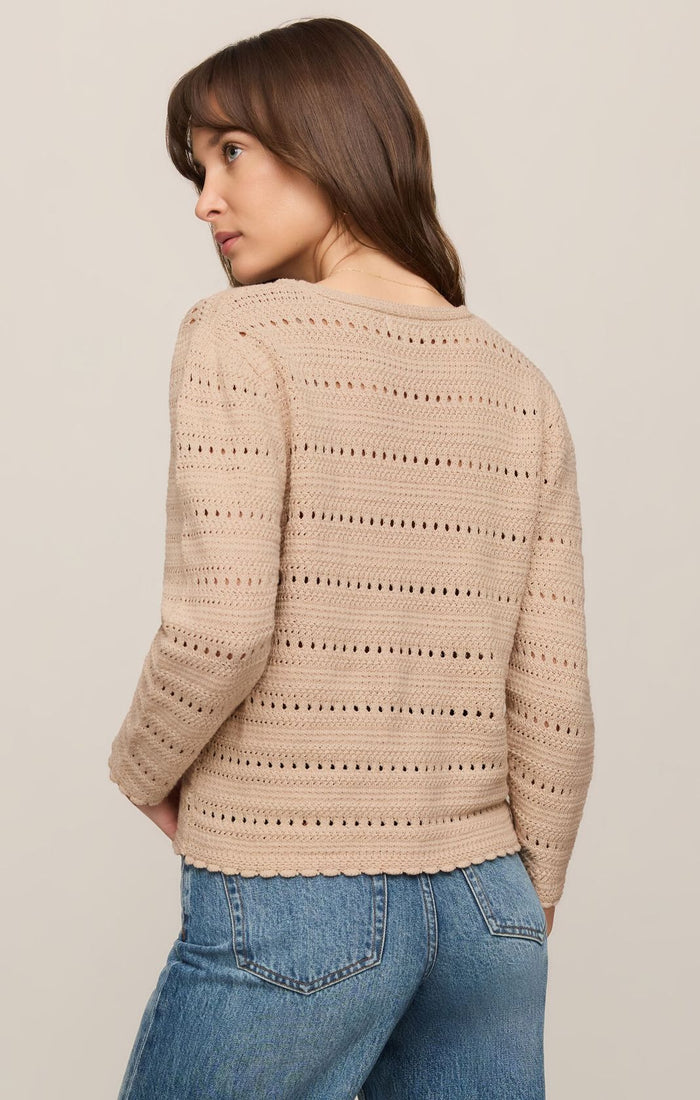 Aven Crochet Cardigan button-front and V-neckline detail close-up