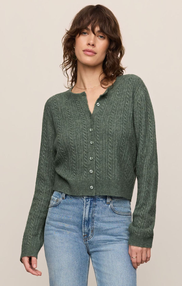 Medina Pointelle Cardigan in Monstera green, front view