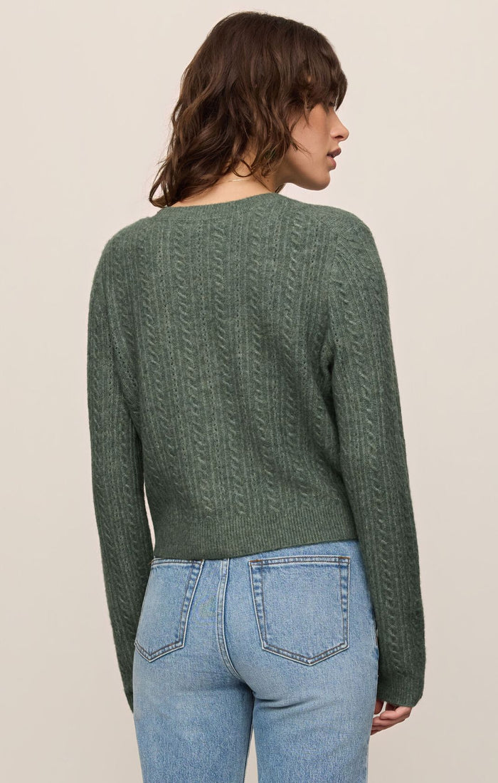 Medina Pointelle Cardigan crew neck and button-front detail close-up