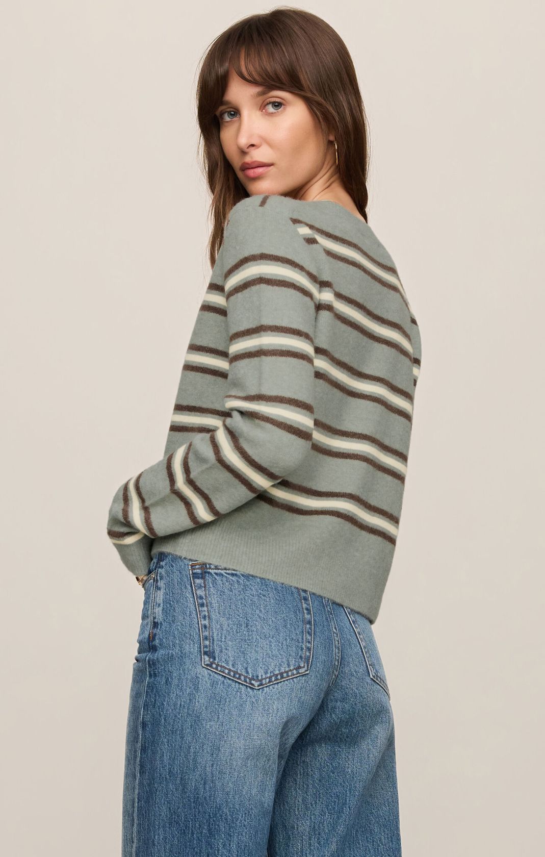 Medina Stripe Cardigan crew neck and button-front detail close-up
