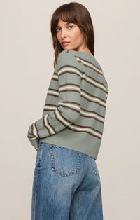 Medina Stripe Cardigan crew neck and button-front detail close-up