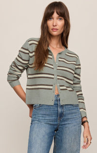 Medina Stripe Cardigan in aqua cloud stripe knit, front view